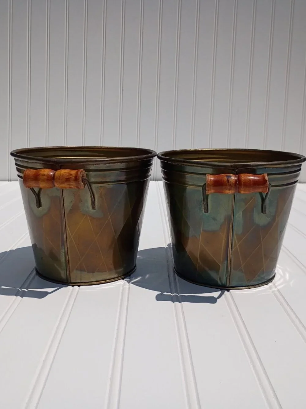 Vintage Brass Planters with Wooden Handles Set of 2 Diamond Pattern Pot Cachepot